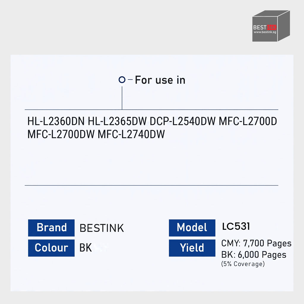 Bestink LC531 LC 531 high capacity Ink Cartridge Compatible For Brother DCP‑J1260W/DCP-J1310DW/DCP-J1360DW Printer